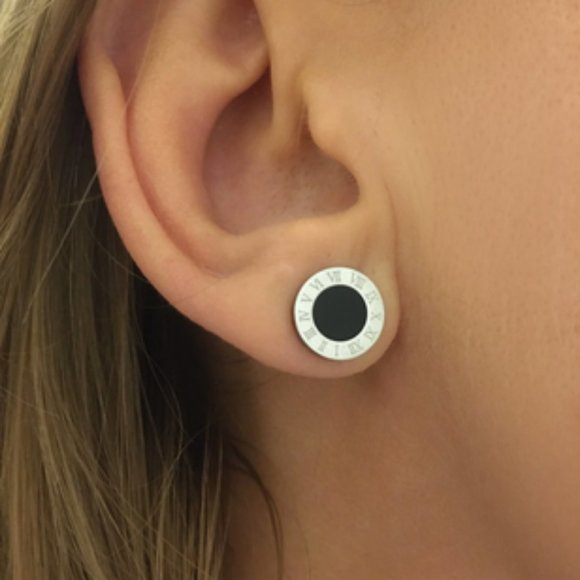 Roman Numeral Stainless Steel Silver Stud Earrings - Picture 2 of 3